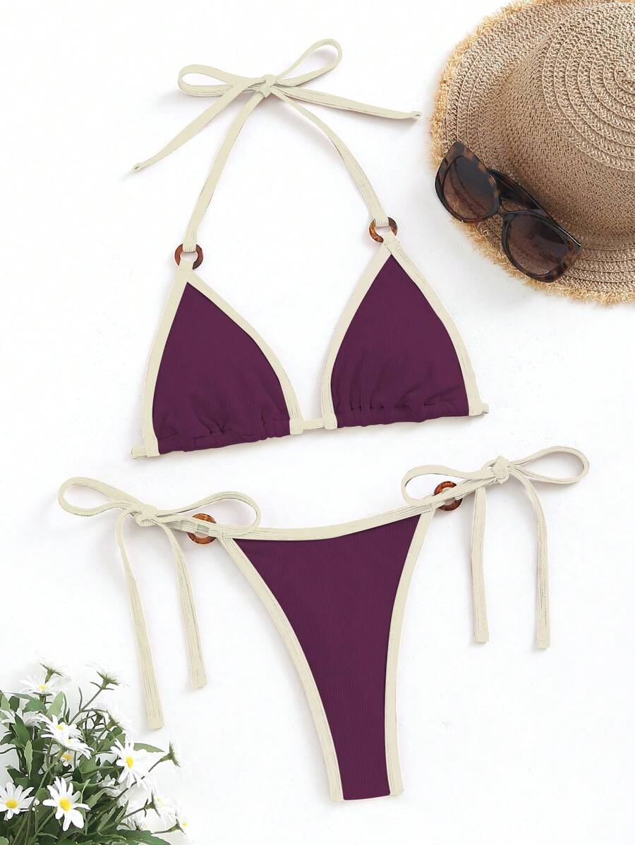 Swim Vcay 女士度假海滩撞色饰边泳衣套装 - 酒紅色 - 查看 1