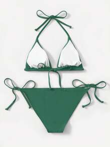 Swim Basics 2pcs/Set Solid Color Halter Tie Bikini Swimsuit For Summer Beach Vacation - Army Green - View 2