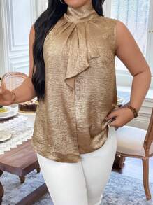 SHEIN Clasi Plus Size Women Elegant Gold Ruffle Collar Short Sleeve Shirt, Summer Sleeveless Blouse - Gold - View 3