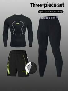 Manfinity Sport Polished Men's Letter Print Long Sleeve Sweatshirt, Letter Webbing Leggings And Shorts 3pcs Sports Suit Workout Clothes Running Sets - Black - View 1