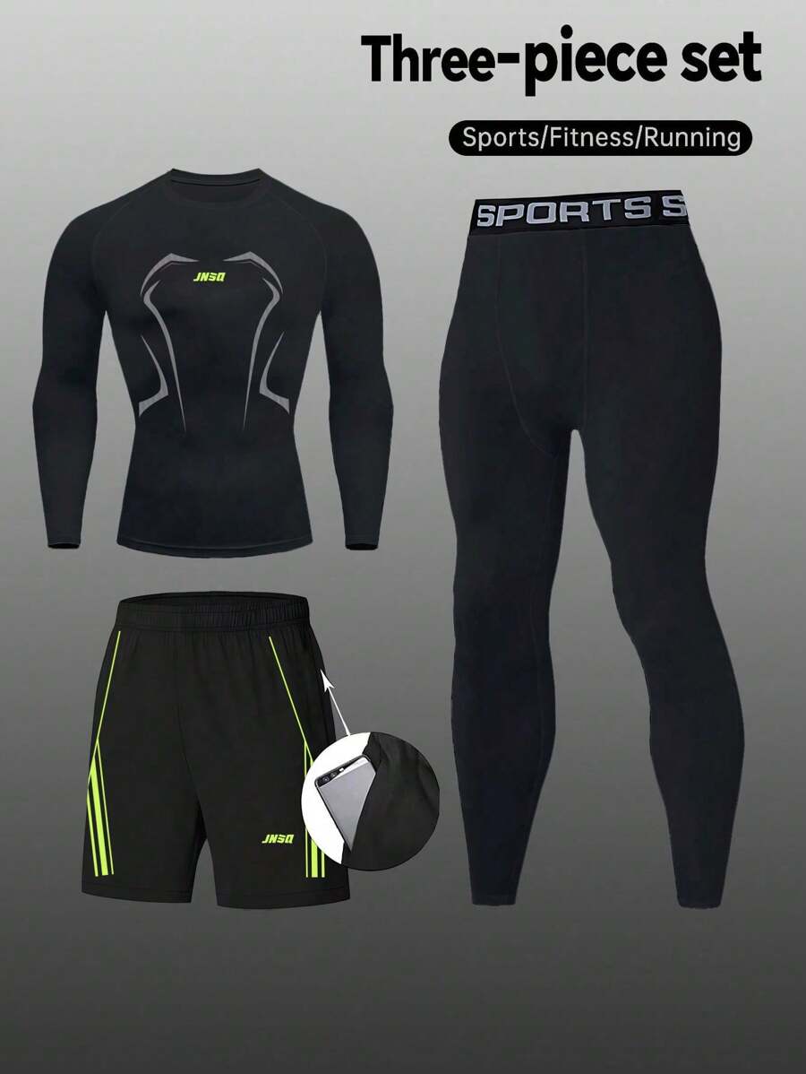 Manfinity Sport Polished Men's Letter Print Long Sleeve Sweatshirt, Letter Webbing Leggings And Shorts 3pcs Sports Suit Workout Clothes Running Sets - Black - View 1