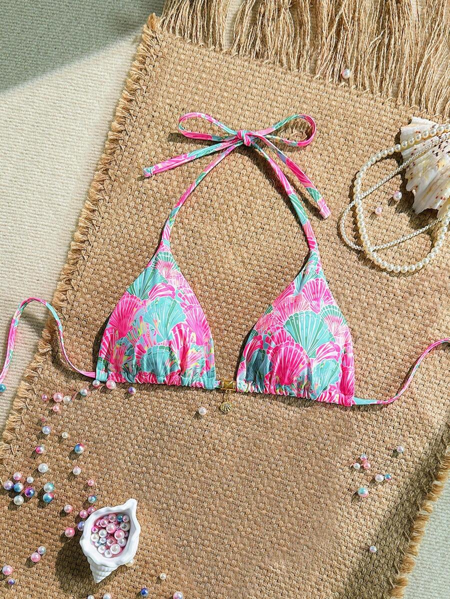 Swim Mod Sexy Halter Triangle Top Shell Decor One Piece Swimwear, Random Tropical Print, Summer Holiday - Multicolor - View 1
