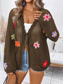 SHEIN Holidaya Plus Size Women V-Neck Hollow Floral Decorated Solid Color Long Sleeve Lightweight Elegant Cardigan For Spring And Summer - Coffee Brown - View 1