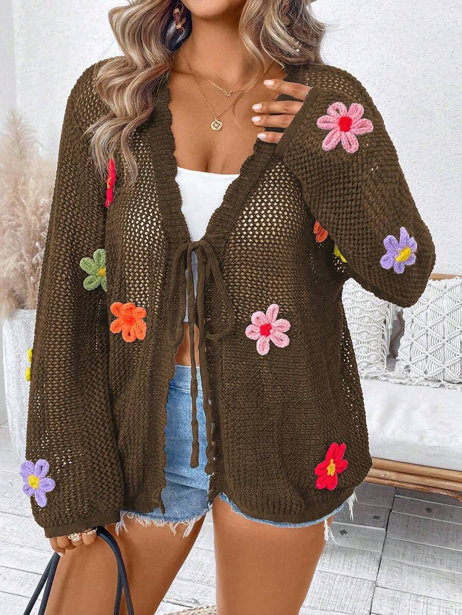 SHEIN Holidaya Plus Size Women V-Neck Hollow Floral Decorated Solid Color Long Sleeve Lightweight Elegant Cardigan For Spring And Summer - Coffee Brown - View 1