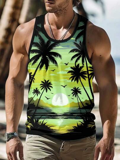 Manfinity RSRT Men's Casual Knitted Scoop Neck Tank Top: Regular Length Tropical Beach Graphic Print For Summer, Men Tank Tops Beach, Green Tank Top Men, Tropical Tank Top Men