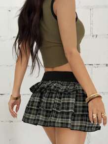 StreetHx Women's Plaid Patchwork Puff Mini Skirt