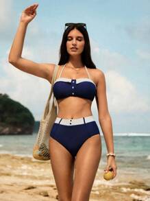 SHEIN Swim Vcay Costum de baie pentru damă, cu șalter la gât, cu set de pantaloni de bikini cu talie înaltă, minimalist și la modă, potrivit pentru vară - Multicolor - Vizualizare 5