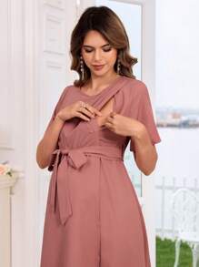 SHEIN Maternity Dress With Short Sleeves, Waist Ruched Drawstring, Hidden Zipper On Both Sides, Asymmetric Hem - Dusty Pink - View 3