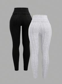 Sweetra 2 件女式弹力修身瑜伽 V 腰针织浅灰色和深灰色紧身裤，高腰，天鹅绒触感，秋冬 - 黑色 - 查看 2