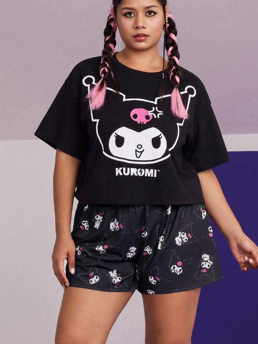 HELLO KITTY AND FRIENDS | SHEIN 大码女式夏季可爱卡通印花短袖上衣和短裤黑色睡衣套装 - 黑色 - 查看 1