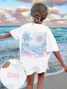 SHEIN Maglietta bianca a maniche corte con scollo rotondo, per ragazze adolescenti, con stampa ad onde del mare e fiocco, adorabile, ideale per vacanze