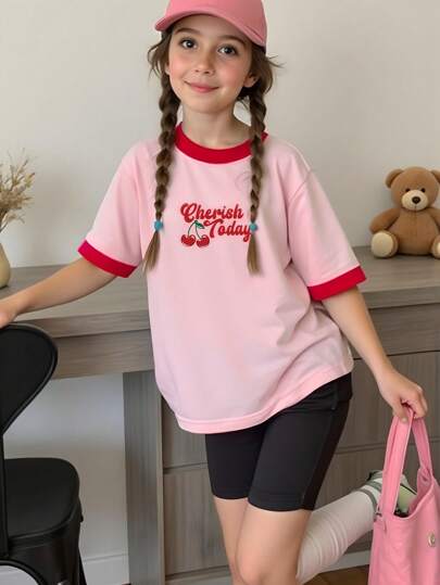 Teen Girl Casual Fashion Creative Cartoon Fruit Cherry Shaped Letter Slogan Graphic Print Loose Fit Round Neck Basic Short Sleeve T-Shirt, Sibling T-Shirt Matching T-Shirt (2 Pieces Sold Separately)