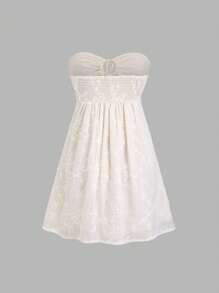 Sweetra Đầm Bandeau Jacquard Trang Trí Hình Tròn Màu Trơn Y2K Outfit - Màu be - Xem 2