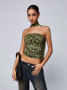 GENKIRA 性感豹纹印花雪纺露肩修身女上衣 - 綠色 - 查看 3