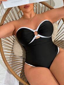 Swim Chiccia Plus Size Women One-Piece Swimsuit, Solid Color, High Stretch, High-End Feel For Hot Spring For Summer Beach Vacation - Black - View 7