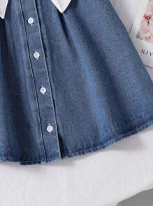 SHEIN Elladie kids Vestido cómodo y dulce con mangas abullonadas, decoración de lazo y parches de mezclilla para niñas, adecuado para uso diario, juegos al aire libre, viajes, escuela, primavera/verano, vacaciones de verano y relajación - Multicolor - Ver 5