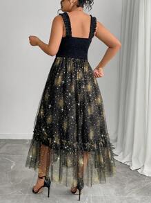 Elenzga Plus Size Patchwork Foil Mesh Extra Long Dress