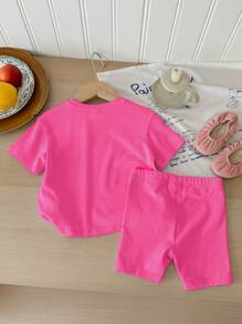 SHEIN Happikins Baby Girl Casual Short Sleeve T-Shirt And Shorts Set, Suitable For Summer - Hot Pink - View 2