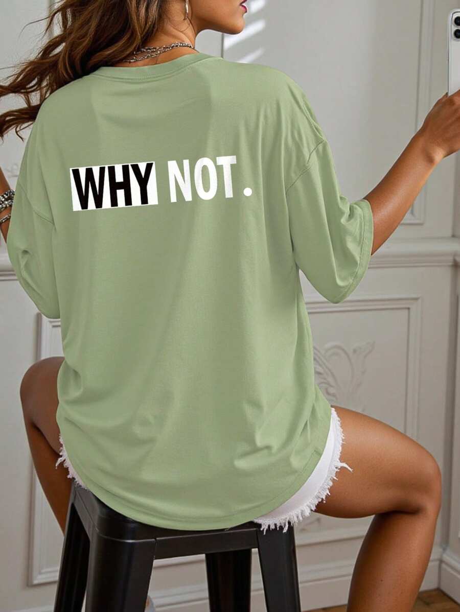Why Not Women's Casual Letter Print Loose Round Neck Short Sleeve T-Shirt, Suitable For All Seasons - Army Green - View 1