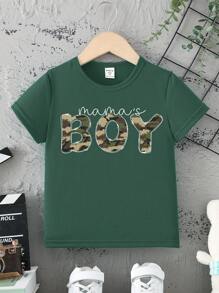 SHEIN Young Boy Casual Camo, Leopard Print & Letter Graphic Basic Short Sleeve Top, Mommy And Me Matching T-Shirt (2 Pieces Sold Separately) - Olive Green - View 4