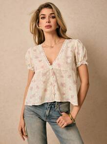 Poéselle 女士度假风刺绣泡泡袖休闲衬衫，度假女装，波西米亚风，可爱夏季上衣，外出上衣，夏季上衣 - 淡紫色 - 查看 3