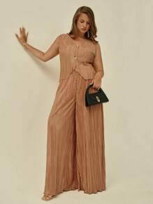 Auralis Plus Size Women's Summer New Style Office Outfits For Women Business Casual Woman Summer Outfits For Women Easter 2 Pieces Sets Woman Vacation Outfits Woman Fashion Casual Commuting Elegant Business Khaki Pleated Fabric Drape Design Point Sleeveless Vest Top And Wide-Leg Trousers 2 Pieces Set, 2 Pieces Suit, Summer Sets 2 Pieces Set Summer Rave Outfits Festival Country Concert Outfit Vacation Two Pieces Set Vest Trousers Suit Set - Khaki - View 1