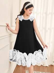 SHEIN Tween Girl 花卉拼布下摆和蝴蝶结后背无袖优雅连衣裙 - 黑與白 - 查看 3