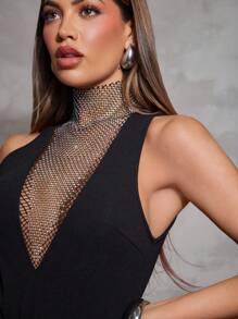 Hauture Sleeveless Rhinestone Mesh Insert Night Out Bodysuit - Black - View 2