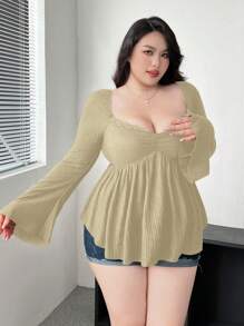 Flirla Plus Size Women Contrast Lace V-Neck Flared Sleeve Textured Knit T-Shirt - Apricot - View 5