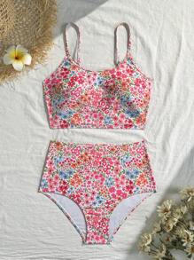 Swim Mod Floral Printed Cami & Tankini Swimwear Set For Summer Beach Vacation - Multicolor - View 1