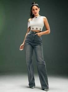 Denimoi Fashion Asymmetrical Neck Eyelet Hardware Crop Top - White - View 3