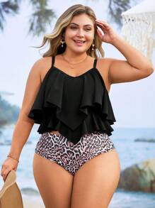 Swim Lushoire Plus Size 2pcs/Set Women Solid Color Ruffle Spaghetti Strap Top & Leopard Print Triangle Tankini Bottom Swimwear, Vacation - Multicolor - View 2