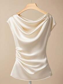 Franclia 女士纯色垂坠优雅修身衬衫，夏季 - 杏色 - 查看 2