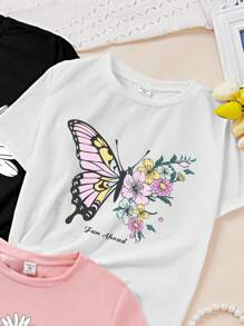 SHEIN 3入組情趣少女休閒簡約卡通花蝴蝶圖案T恤，適合夏季穿著 - 彩色 - 查看 5