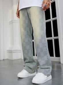 ROMWE MEN Street Life Men's Casual Checkerboard Washed Checked Flare Leg Jeans - Blue - View 3