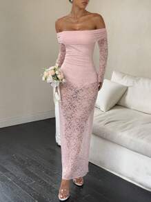 Lunelith SHEIN Lunessa Women's Floral Lace Off Shoulder Long Sleeve Fitted Elegant Dress