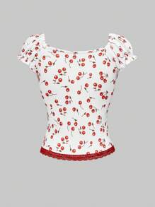 ROMWE Kawaii Cute & Sexy Lace Trim Cherry Ruched Elastic Fitted Tee For Women - Multicolor - View 4
