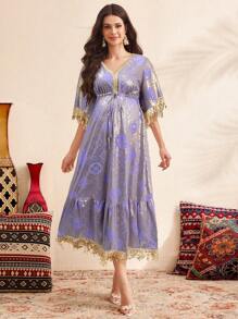 SHEIN Boho Maternity Maxi Dress: Mauve Purple Woven Fabric With Fringe Detail, Half Sleeves, And V Neck For A Flowy, Elegant Look - Mauve Purple - View 7