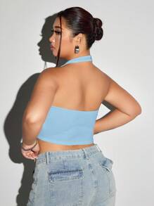 SHEIN ICON Plus Size Slim Fit Deep V-Neck Beaded Decoration Halter Neck Tank Top - Baby Blue - View 2