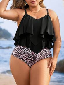 Swim Lushoire Plus Size 2pcs/Set Women Solid Color Ruffle Spaghetti Strap Top & Leopard Print Triangle Tankini Bottom Swimwear, Vacation - Multicolor - View 1