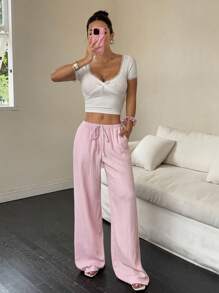 Flirla Damen einfarbige Hosen mit Taillenbindung und Taschen, weites Bein