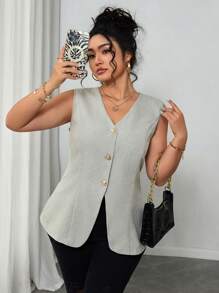 Elenzga 大码女式法式常规纯色无袖亚麻西装外套，夏季 - 淺灰色 - 查看 4