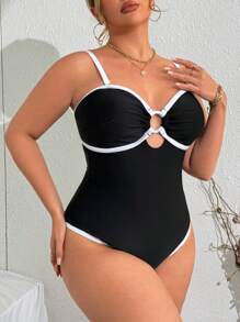Swim Chiccia Plus Size Women One-Piece Swimsuit, Solid Color, High Stretch, High-End Feel For Hot Spring For Summer Beach Vacation - Black - View 3