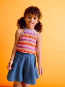 SHEIN Young Girls Beach Casual Color Block Striped Halter Top And Mini Skirt Set - Multicolor - View 3