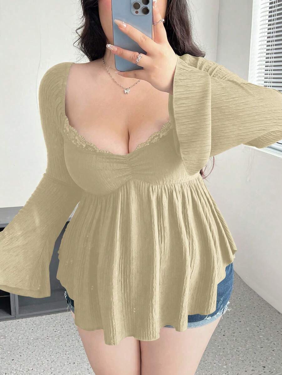 Flirla Plus Size Women Contrast Lace V-Neck Flared Sleeve Textured Knit T-Shirt - Apricot - View 1