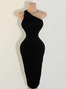 Mistrie 女士性感细肩带链条装饰露背长裙 - 黑色 - 查看 3