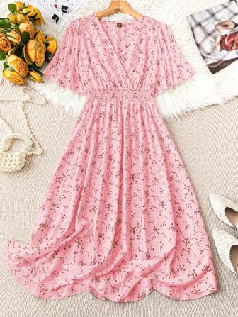 DreamSkyne Romantic Date  Plus Size V-Neck Cross Wrap Ditsy Floral Short Sleeve Dress Maxi Women Outfit