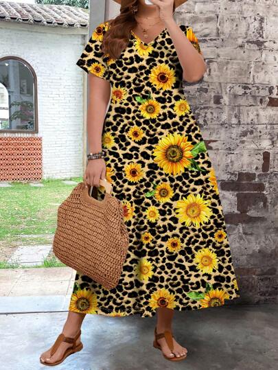 EMERY ROSE Plus Size Women's Casual Minimalist Leopard Print & Sunflower V-Neck Short Sleeve Dress, Suitable For Summer,Beach Dress Sundress,Holiday Outfits Boho Suitable For Going Out Chic Dress,Spring/Vacation, Spring Break