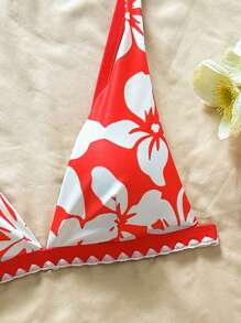 SHEIN Swim Springbreak Women's V-Neck Random Print Colorful Ruffle Design Top And Regular Triangle Bottoms 2 Pieces Swimsuit Set, Beach Vacation Outfits - Red and White - View 5