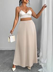Elenzga Plus Size Elegant Solid Color Long Skirt, Work Appropriate - Apricot - View 4